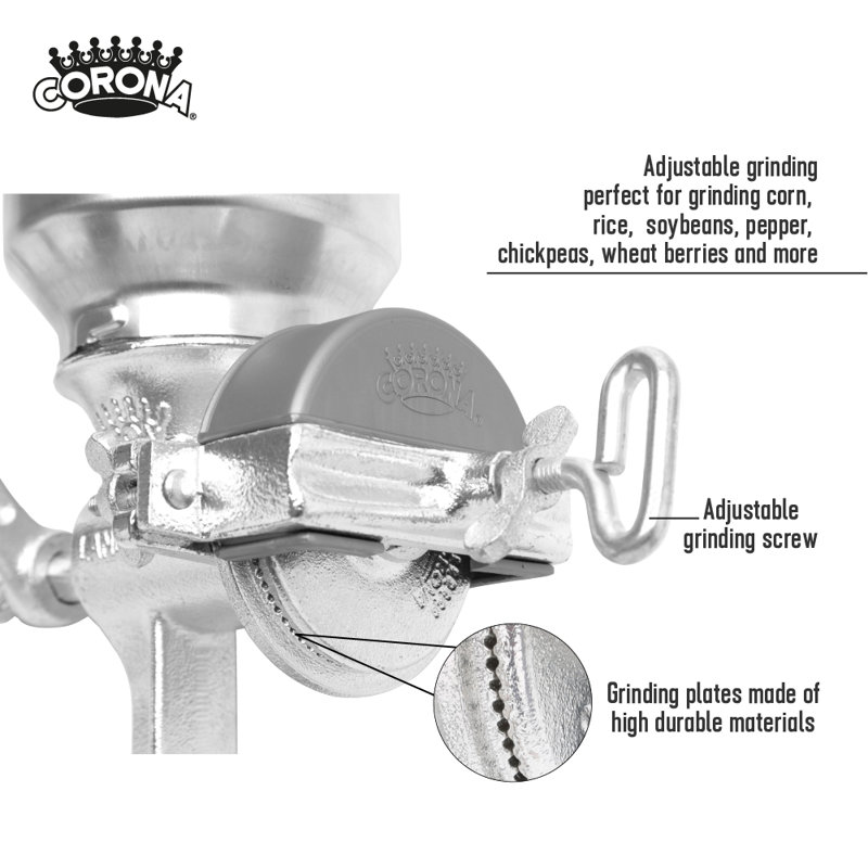 Corona Cast Iron Corn, Wheat and Grain Mill with High Hopper, Manual Grain Grinder, Grain Mill